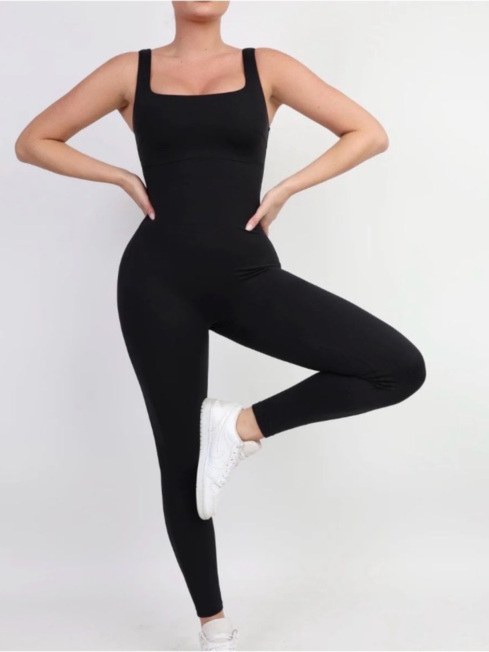 Sleek Black Square-Neck Sculpting Ribbed Jumpsuit